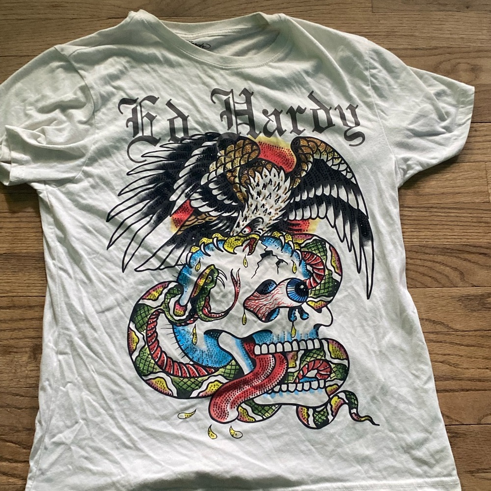 Ed Hardy Rhinestones  White Graphic T-Shirt